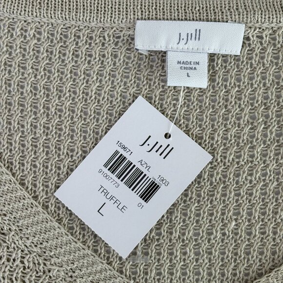 J Jill Open Knit Sweater Size L Truffle Tan V Neck Linen Blend Lagenlook NWT - Picture 5 of 13